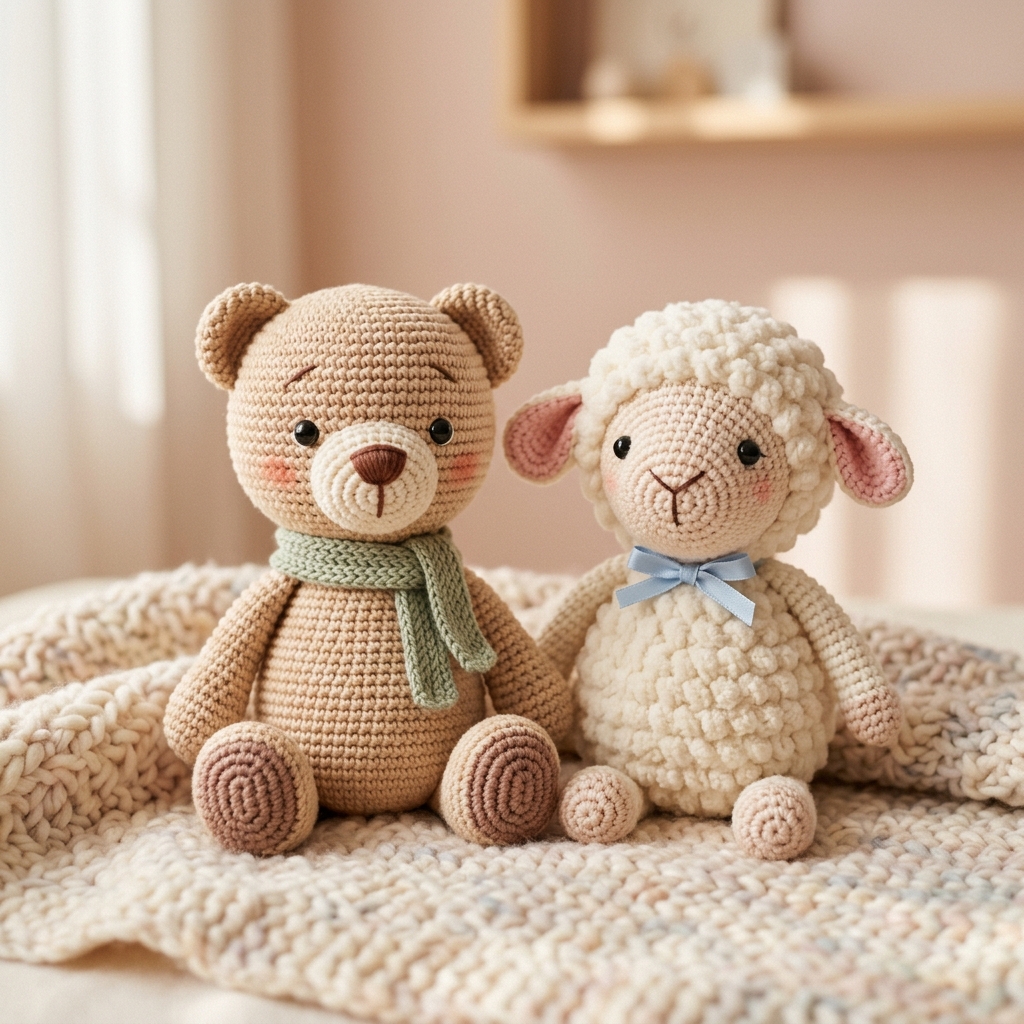 A collection of handmade organic amigurumi toys for different ages